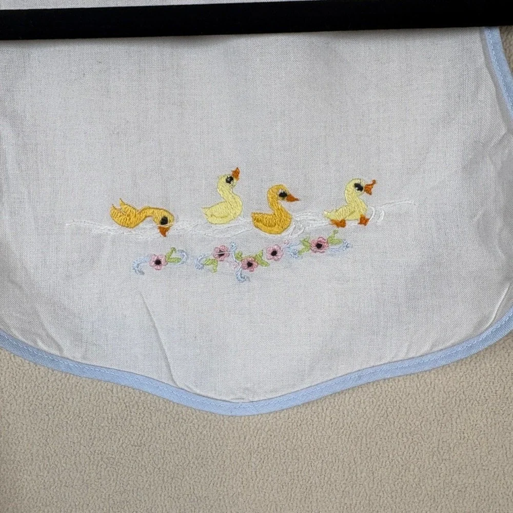 Vintage Baby Bib Embroidered Yellow Ducks Pink Flowers Blue Trim Tie Back White